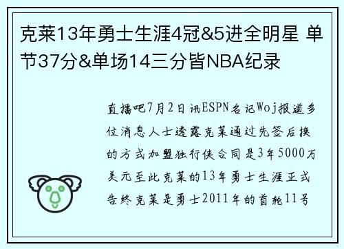 克莱13年勇士生涯4冠&5进全明星 单节37分&单场14三分皆NBA纪录